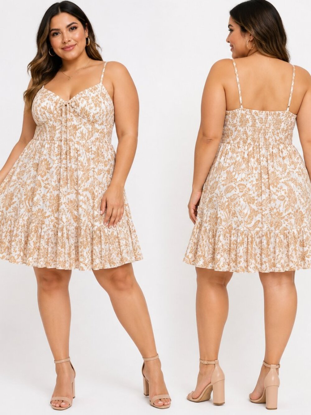 Figsight Tan White Floral Smocked Back Tie Front Ruffle Mini Dress Large NEW
